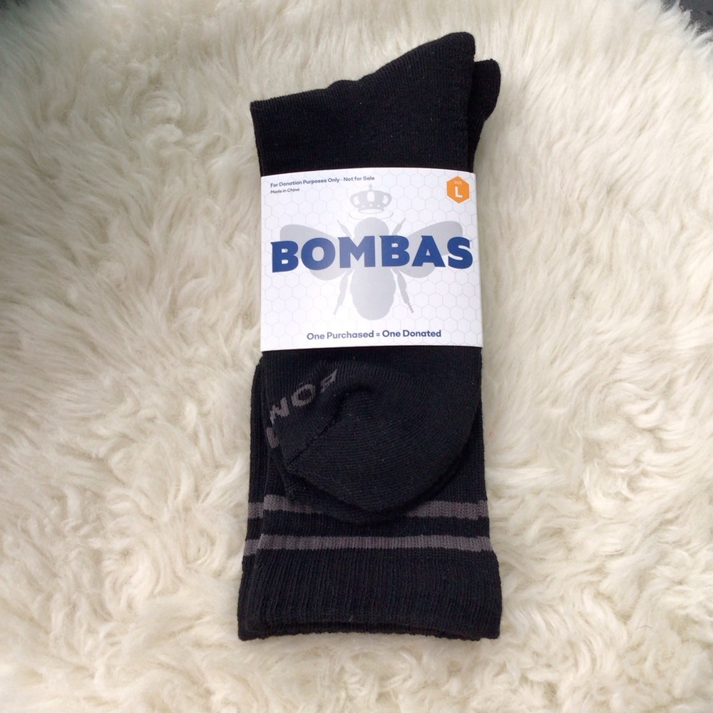 Bombas Black Crew Socks with Logo and Gray Stripe Accents NWT